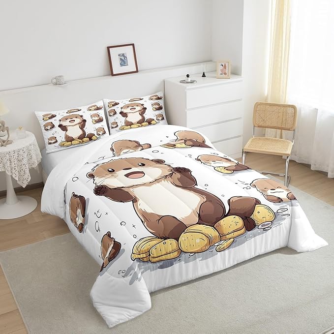 Cute Otter Comforter Set Cartoon Lovely Wild Animal Bedding Sets for Kids Boys Girls Teens Black Bubble Graffiti Hippie Rustic Style Quilted Comforter with 1 Pillowcase Toddler Size 2 Pcs