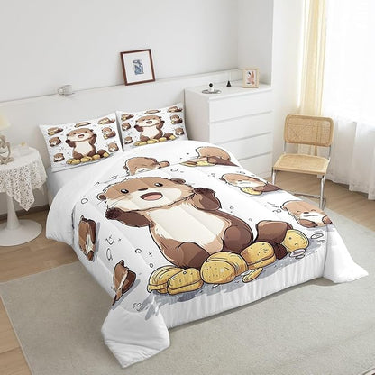 Cute Otter Bedding Sets Cartoon Lovely Wild Animal Comforter Set for Kids Boys Girls Teens Black Bubble Graffiti Hippie Rustic Style Down Comforter with 2 Pillowcases King Size 3 Pcs