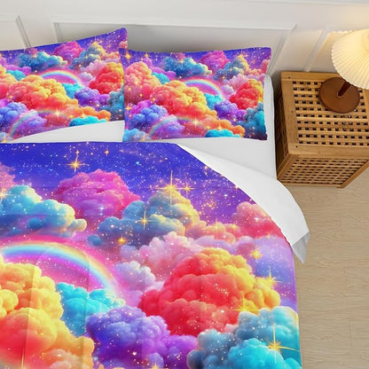 Rainbow Sparkles Kids Queen Size Comforter Set for Girls，Queen Size Colorful Cloud Bedding Sets for Girls