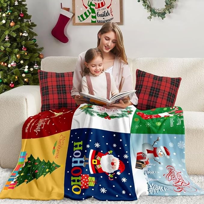 Christmas Blanket Santa Claus Deer Flannel Throw Blanket Soft Plush Snowman Blanket for Couch Sofa Bed Christmas Home Decor 50x60”