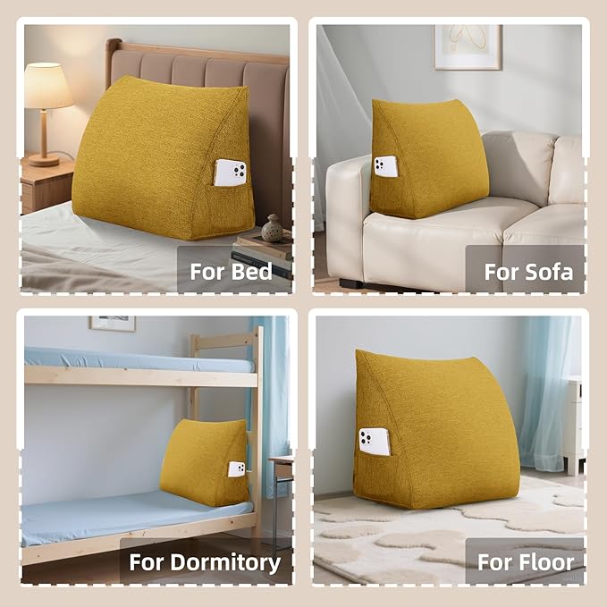 Wedge Headboard Reading Pillow for Bed Linen Triangular Backrest Bolster Pillow for Sitting Up Daybed Cushion Lumbar Body Support Positioning for Headboard, Couch, Dorm, Yellow