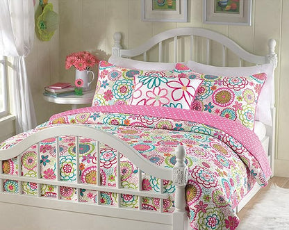 Cozy Line Home Fashions Pink Mariah King - 4 Piece Floral Polka Dot Reversible Quilt Bedding Set, Coverlet, Bedspreads for Girls (1 Quilt + 2 Shams + 1 Decorative Pillow)