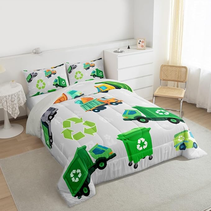Feelyou Boys Green Garbage Truck Bedding Set - Cartoon Trash Truck Comforter Set for Kids - King Size with 2 Pillow Case