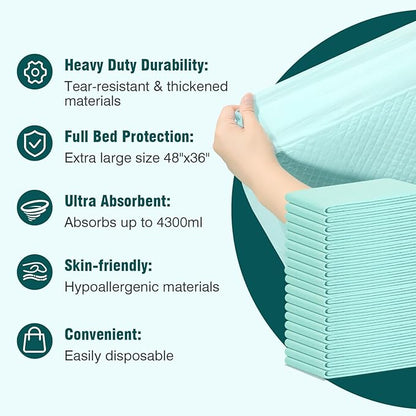 Heavy Duty Disposable Bed Pads 48" x 36" 10 Count Underpads Extra Large Incontinence Bed Pads Tear-Resistant Absorbency Chux Pads Pee Pads for Adult Elderly Puppy Pads for Training