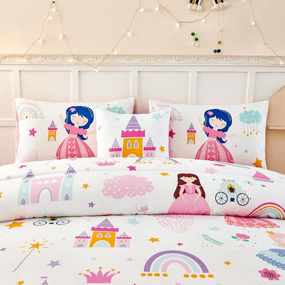 ANGIYUIN Princess Fairy Tales Bedding Set Queen Cartoon Rainbow Love Kids Bed in A Bag with Sheets Cute and Soft Bedding Comforter Set for All Season(Princess, Rainbow, Castel, White)