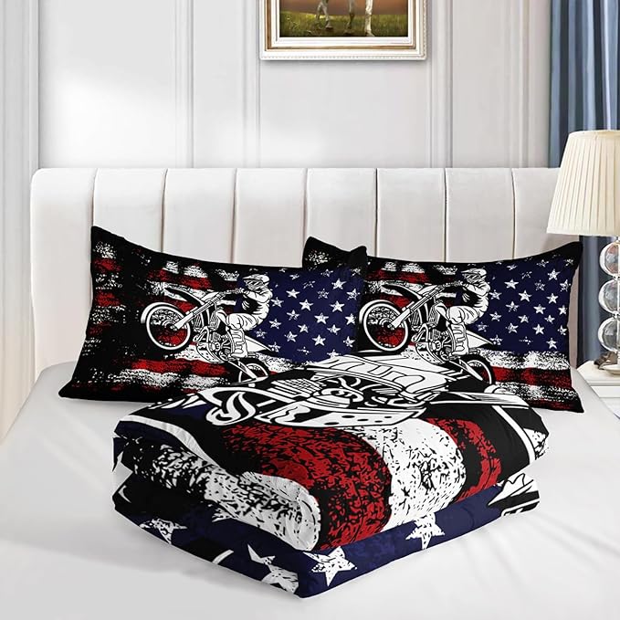 Axolotl Dirt Bike Comforter Set Twin, American Flag Bedding Set, Motocross Comforter,White Red Stripes Stars Bedding, Motorcycle Racer Quilt for Boys Kids Teens Men, 1 Dirt Bike Quilt 2 Pillowcases