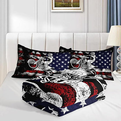 Axolotl Motivational Dirt Bike American Flag Bedding with White Red Stripes Stars Motorcycle Racer Comforter for Boys Kids Teens Men - 1 Quilt 2 Pillowcases