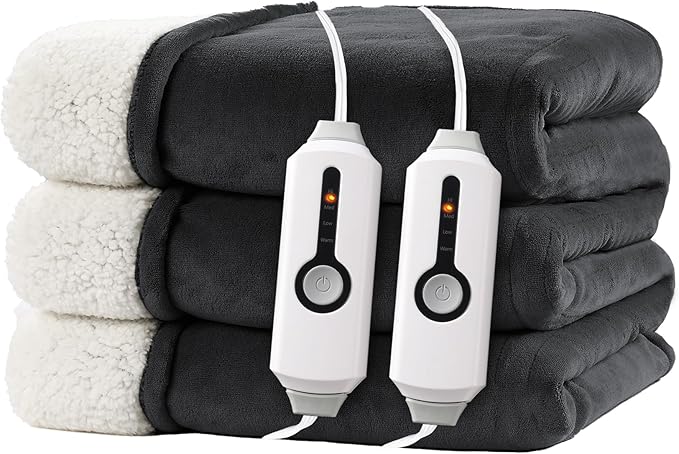 Electric Heated Blanket King Size 90"x100" - Dual-Sided with Microplush & Sherpa Fabric, 4 Heat Settings & 10 Hours Auto Off, Dual Controller, Machine Washable - Iron Gray