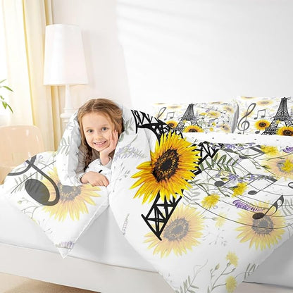 Feelyou Eiffel Tower Kids Comforter Set Cute Sunflower Bed Sheet Set for Boys Children Teens Bedroom Decor Paris Tower Bedding Set Set Floral Music Themed Bed Cover Twin Size with 1 Pillow Case