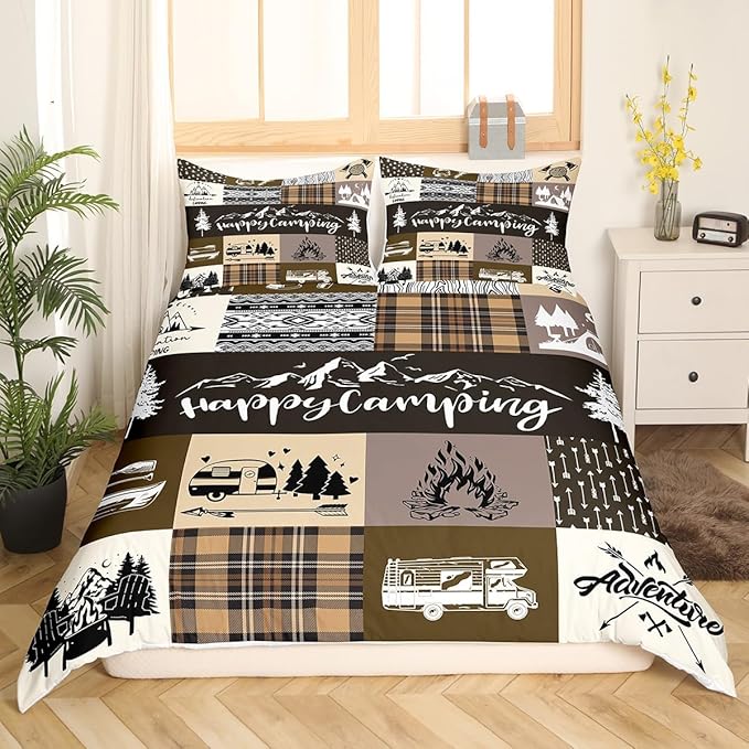Happy Camping Bedding Set King Size for Teens,RV Camper Adventure Tent Patchwork Comforter Cover with 2 Pillowcases,Rustic Farmhouse Lake Cabin Brown Check Duvet Cover Set Microfiber Quilt Cover