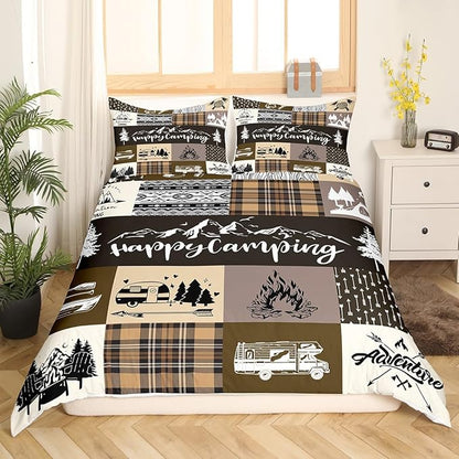 Camper Patchwork Duvet Cover Set Full Size,Happy Camping Cabin Hunting Adventure Comforter Cover with 2 Pillowcases,Travel Trailers Decor Boho Aztec Exotic Breathable Bedspread for Boys Teens