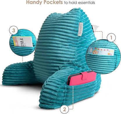 Clara Clark Reading Pillow for Kids – Back Pillow for Sitting in Bed, Plush Bed Pillows for Sitting Up in Bed, Teal Kids Reading Pillow, Shredded Foam Bed Chair Pillow with Arms and Pockets