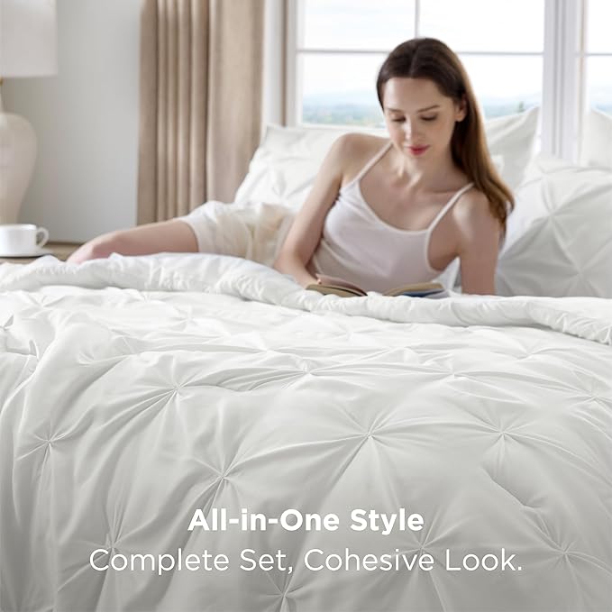 Bedsure Queen Comforter Set White - Bed in a Bag Queen Size Bedding 7 Pieces, GentleSoft™ Pintuck Bed Set Gift for Family, Pinch Pleat All Season Comforter with Sheets, Pillowcases & Shams