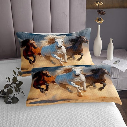 Erosebridal Twin Size Horse Bedspread Quilt Set, Galloping Bedspread for Teen Adult Youth Child, Wild Animal Quilted Cowboy Theme White Brown Maroon Decor Coverlet Set 2 Pcs