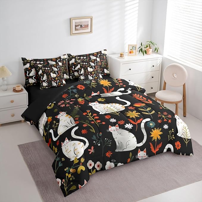 Feelyou Cute Cat 7 Piece Bedding Set Floral Flower Comforter Set with Sheets for Kids Boys Girls Nature Plants Bed in a Bag Black Colorful Bed Set Soft Lightweight