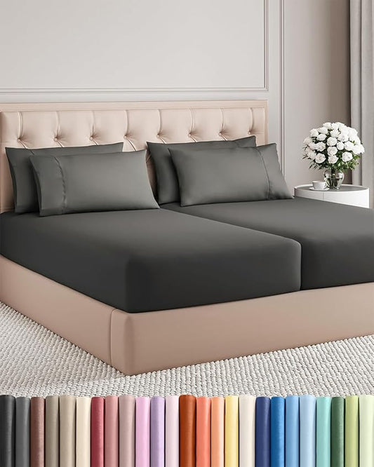 Split King 7 Piece Sheet Set - Comfy Breathable & Cooling - Soft Hotel Luxury Bedding Set with 8-16 Inch Deep Pockets - 1 Flat & 2 Fitted Sheet & 4 Pillowcases - Wrinkle Free & Easy Care - Charcoal