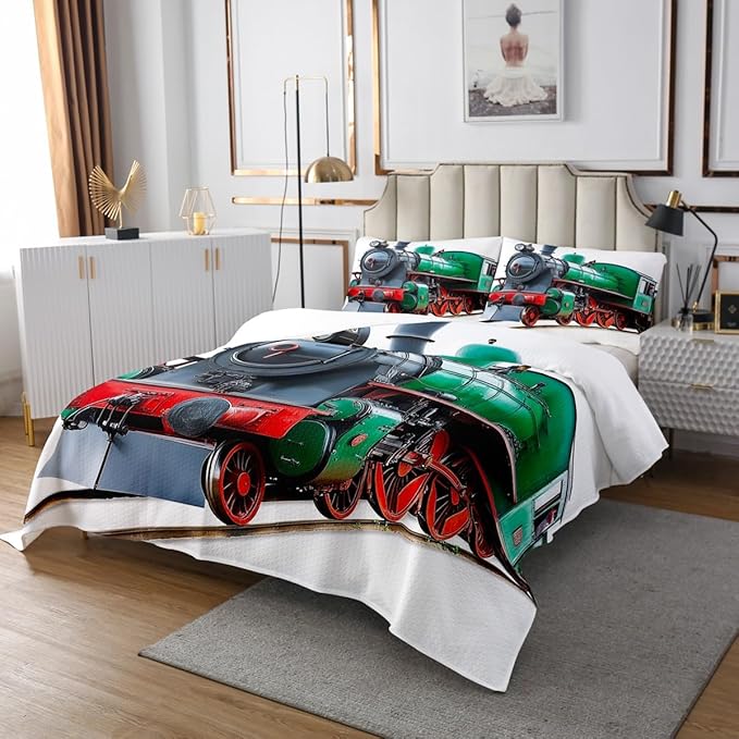 Erosebridal Vehicles Coverlet Set Queen Size Green Train Track Bedspread for Kids Child Boys Man,Transportation Bedding Set Railroad Car Quilt Set Kids Car Theme Room Bedroom Decor Red Green
