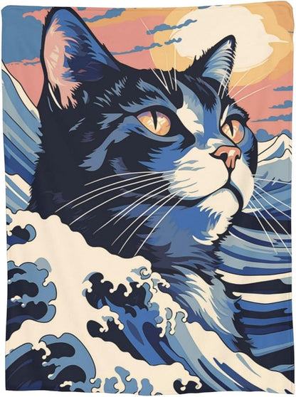 Japanese Painting Cat Blanket Gifts for Cat Lovers Grils Women Kitten Wave Art Flannel Throw Blankets for Home Couch Bed Sofa Soft Fuzzy Lightweight Decor All Season 80x60 Inches