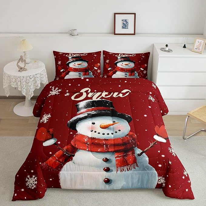Erosebridal Snowman Comforter Set for Kids Boys Girls,Vintage Burgundy Christmas Bedding Set Queen,Xmas Snowflake Duvet Insert,Merry Christmas Down Comforter with 2 Pillowcases Lightweight Warm