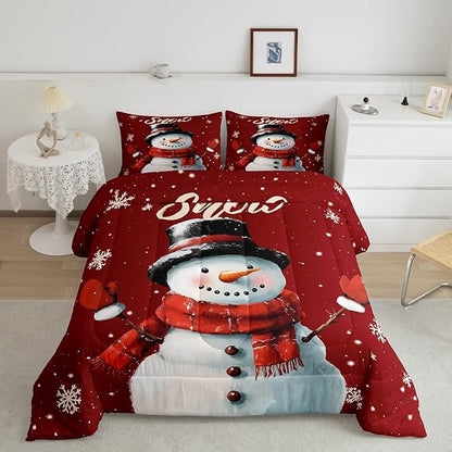 Erosebridal Snowman Comforter Set for Kids Boys Girls,Vintage Burgundy Christmas Bedding Set Queen,Xmas Snowflake Duvet Insert,Merry Christmas Down Comforter with 2 Pillowcases Lightweight Warm
