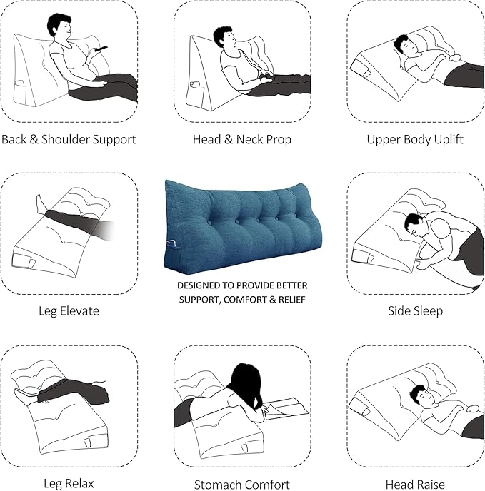 Wedge Headboard Pillow Dorm Room Reading Pillow Back Support for Sitting Up in Bed Bolster Lumbar Cushion Body Positioning Bedrest Cotton Linen 39in Blue Twin