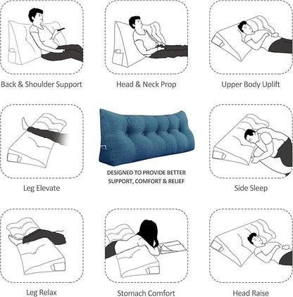Wedge Headboard Pillow Dorm Room Reading Pillow Back Support for Sitting Up in Bed Bolster Lumbar Cushion Body Positioning Bedrest Cotton Linen 39in Blue Twin