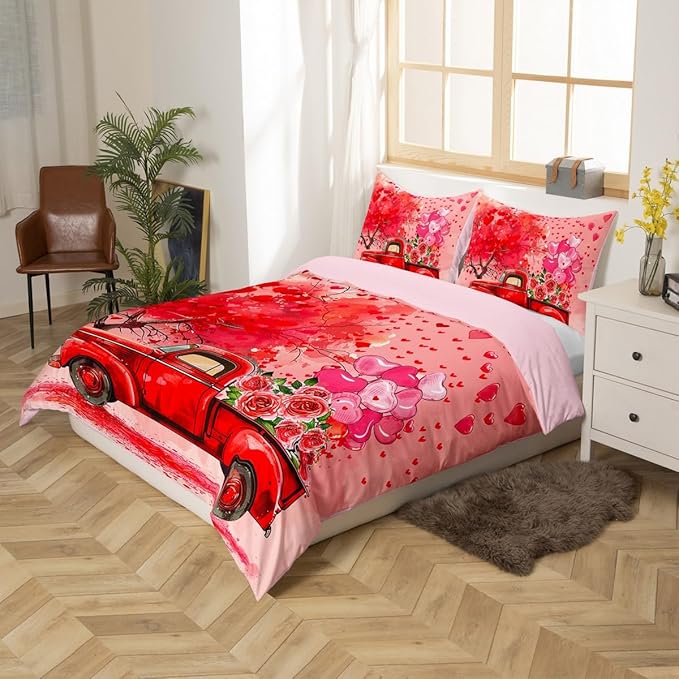 Valentine's Day Duvet Cover Set King Size,Red Truck Heart Tree Bedding Set for Kids Girls Women Couple Room Decor,Pink Rose Flowers Trailer Comforter Cover Romantic Gifts Quilt Cover 3pcs