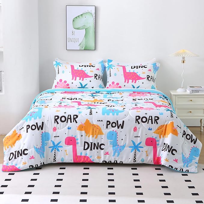 Wajade 7 Piece Kid Girls Dinosaur Comforter Set Twin Size 3D Pink Dinosaur Wild Park Jungle Print Bedding Set with Comforter, Sheet Set, Pillowcase and Sham