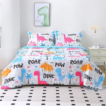 Wajade 7 Piece Kid Girls Dinosaur Comforter Set Full Size 3D Pink Dinosaur Wild Park Jungle Print Bedding Set with Comforter, Sheet Set, Pillowcase and Sham