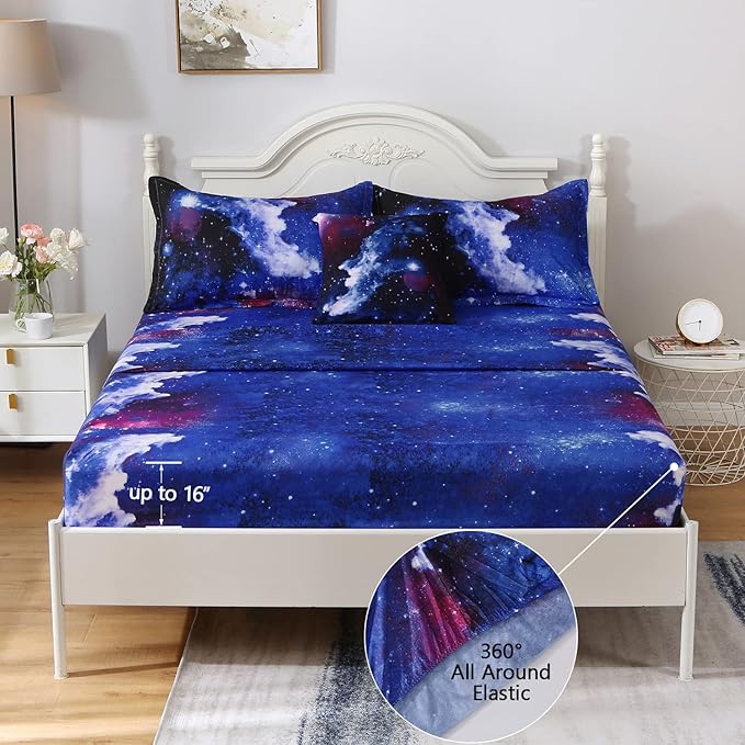 6Pcs Galaxy Comforter Set with Sheets for Kids Boys Girls Teens, Outer Space Themed Bed in a Bag Twin Size, Dark Blue 3D Printed Bedroom Decor Bedding Set