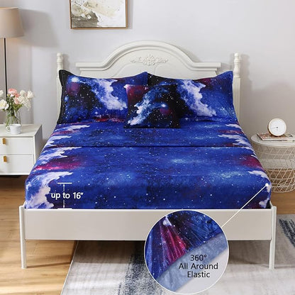 6Pcs Galaxy Comforter Set with Sheets for Kids Boys Girls Teens, Outer Space Themed Bed in a Bag Twin Size, Dark Blue 3D Printed Bedroom Decor Bedding Set