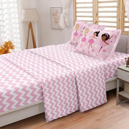 Twin Bedding Set for Girls Kids 5 Pieces Comforter Sets Bed in a Bag Pink Floral Ballerina Bedding Comforter Sheet Set Cute Bedroom Decor