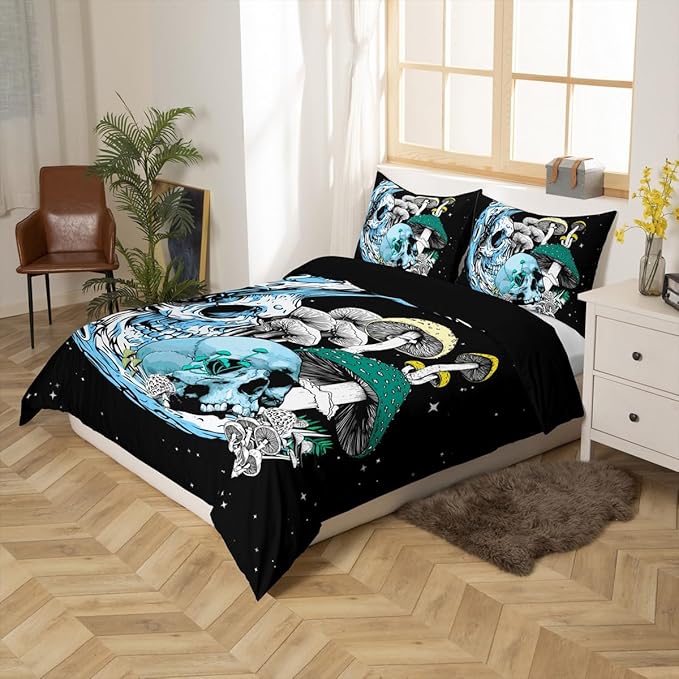 Mushroom and Moon Full Size Duvet Cover Set,Gothic Skull Stars Space Comforter Cover with 2 Pillowcases,3pcs,Mystical Galaxy Skeleton Plant Polyester Bed Spread for Boys Teens Bedroom Decor