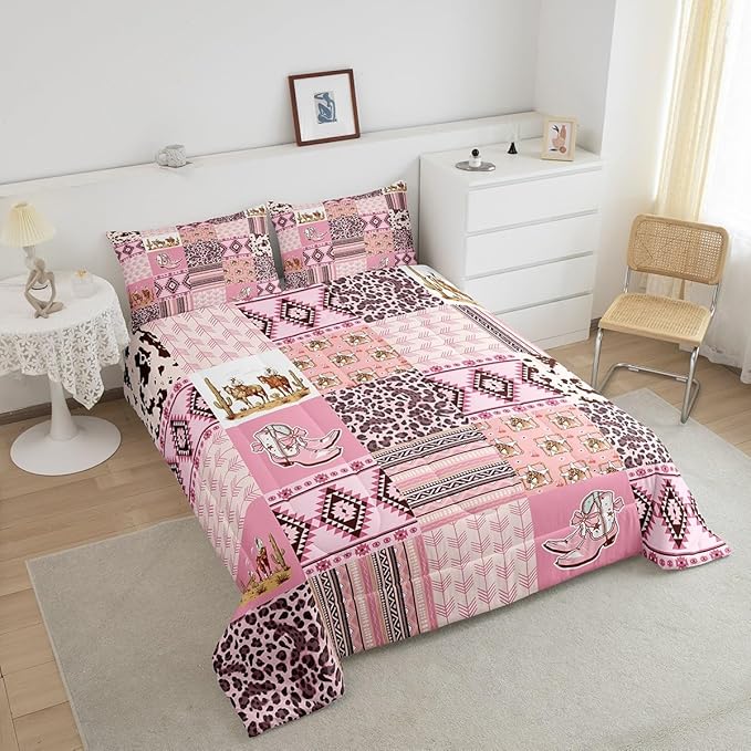 Feelyou Pink Aztec Bedding Set Full Size, Kids Western Decor Comforter Set Wild West Cowboy Cowgirl Comforter Boho Style Duvet Insert Bed Set 3Pcs