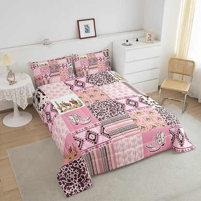 Feelyou Pink Aztec Bedding Set Full Size, Kids Western Decor Comforter Set Wild West Cowboy Cowgirl Comforter Boho Style Duvet Insert Bed Set 3Pcs