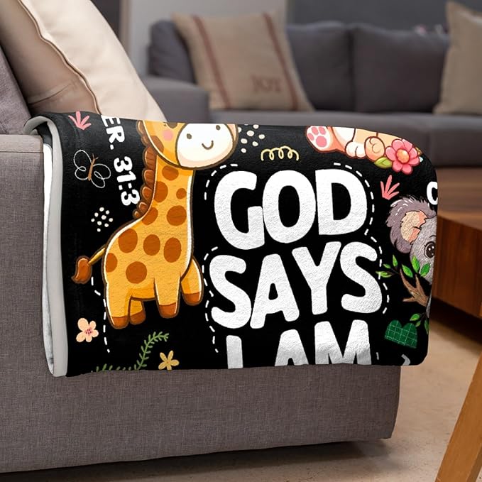 Bible Verse Blanket, Christian Gifts, God Says I am Blankets,Giraffe Lion Koala Elephant Print Animal Blankets, Cute Religious Baptism Gift for Son,Animals Lover Room Bed Decoration, 50"x60"