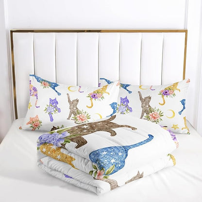 Cat Comforter Set Queen Size, Colorful Cat with Flowers Duvet Set, White Comforter with Moon and Star Pattern, Gift for Bedroom Decor