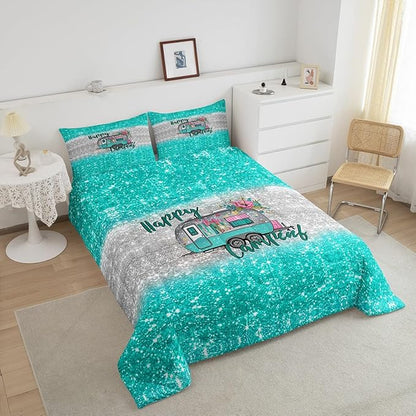 Feelyou Kids Camper Bedding Set Full Farmhouse Rustic Happy Camping Comforter for Girls Luxury Teal Glitter Floral Decor Comforter Set Camper Lover Quilt with 2 Pillow Case Boys
