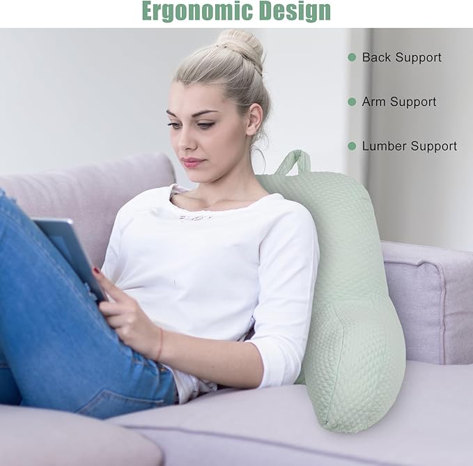 Reading Pillow, Silk Back Support Pillow for Bed Sitting Up, Large Bed Rest Pillow with Arms for Adults,Back Support for Couch and Chair, Green