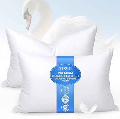 Goose Feather Pillow Queen Size Set of 2 - Soft and Firm Two Sides Optional, Down Hotel Bed Pillows for Sleeping, Fluffy Support Surround Fill Polyester for Back, Stomach, Side Sleepers