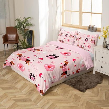 Cute Dachshund Duvet Cover Set Twin Size,Valentine's Day Bedding Sets 2Pcs for Kids Girls Boys Adult Room Decor,Pink Love Heart Print Comforter Cover Romantic Dog Paw Quilt Cover,1 Pillowcase