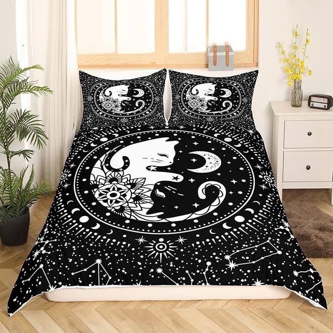 Cute Cats Duvet Cover Queen,Gothic Star Sky Moon Constellation Bedding Set 3pcs for Kids Teens Boy Girls Room Decor,Animals Flower Plants Comforter Cover Black Exotic Quilt Cover with 2 Pillowcases