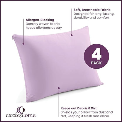 CirclesHome Pillow Protectors 4 Pack King Zippered - 100% Cotton Breathable Pillowcases - Protects Pillows from Dirt, Dust and Debris (King - Set of 4 - 20x36)