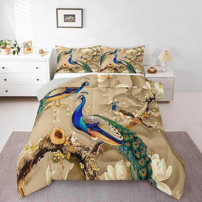 Feelyou Peacock Comforter Peacock with Floral Bedding Set for Kids Adults Girls Animals Comforter Set Botanical Quilt Set 1 Comforter Set with 2 Pillowcases King Size