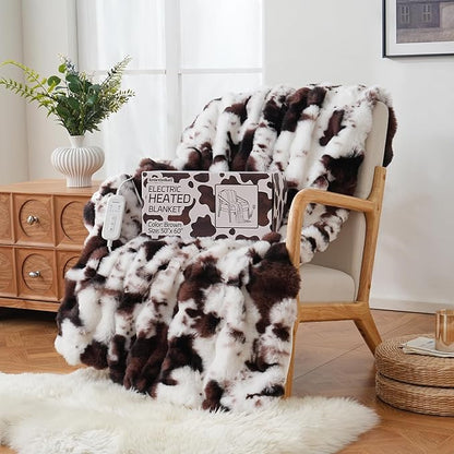 Cow Print Heating Throw Blankets Luxurious Western Soft Bubble Faux Rabbit Fur 8 Heat Settings Overheat Protection Quick Heating Electric Heated Blanket 50"x60"(Brown)