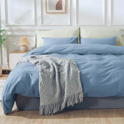 NEXHOME PRO Duvet Cover Set Kids Twin Size Linen Look Textured Organic Natural 100% Washed Cotton Duvet Cover Blue 2 Pieces Bedding Set with Zipper Closure, Corner Ties, Breathable (No Comforter)