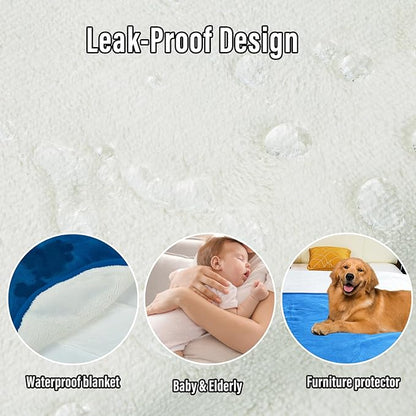 Waterproof Blanket for Bed, 80"x90" Leak-Proof Design, Reversible & Washable King Size Waterproof Blanket, Large Water Resistant Blankets, Reusable (Blue/Warm White)