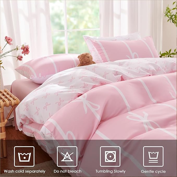 Pink Bow Duvet Cover Full Coquette Bedding Set for Girls Kids Cute Princess Style Bowknot Bedding Ultra Soft Microfiber Duvet Cover Set with 2 Pillowcases(No Comforter)