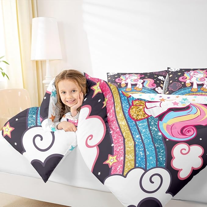 Feelyou Unicorn Bedding Twin,Star Print Rainbow Kids Comforter Sets for Girls Comforter Set,Cute Animal Bedding Cute Unicorn Duvet Quilt,Fairy Bedroom Decor