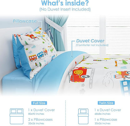 SANDJEST Transportation Duvet Cover Sets Full Size for Kids Boys, Incude 1 Polyester Comforter Cover 80x90 Inches and 2 Pillowcases 20x26 Inches, Comforter Not Included, Gift for Christmas Birthday